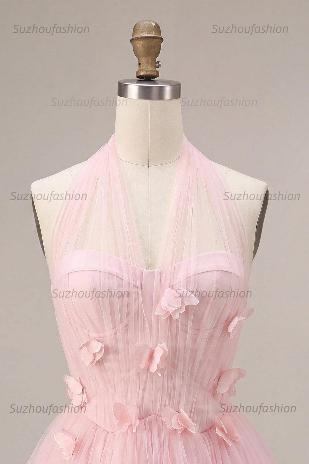 Suzhoufashion Pink Tulle A-Line Halter Short Homecoming Dress with 3D Flowers
