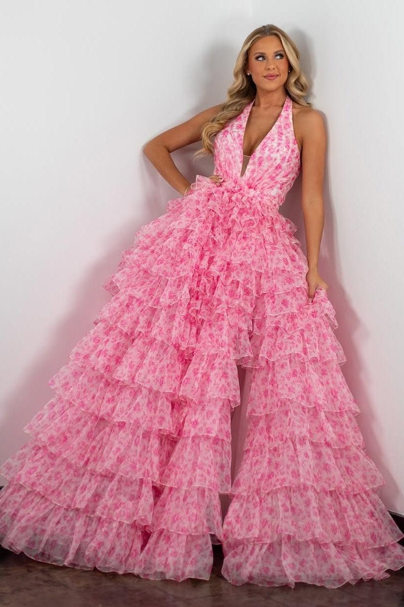 Suzhoufashion Princess A Line Halter Neck Pink Printed Tulle Long Prom Dress With Ruffles Formal Evening Gown