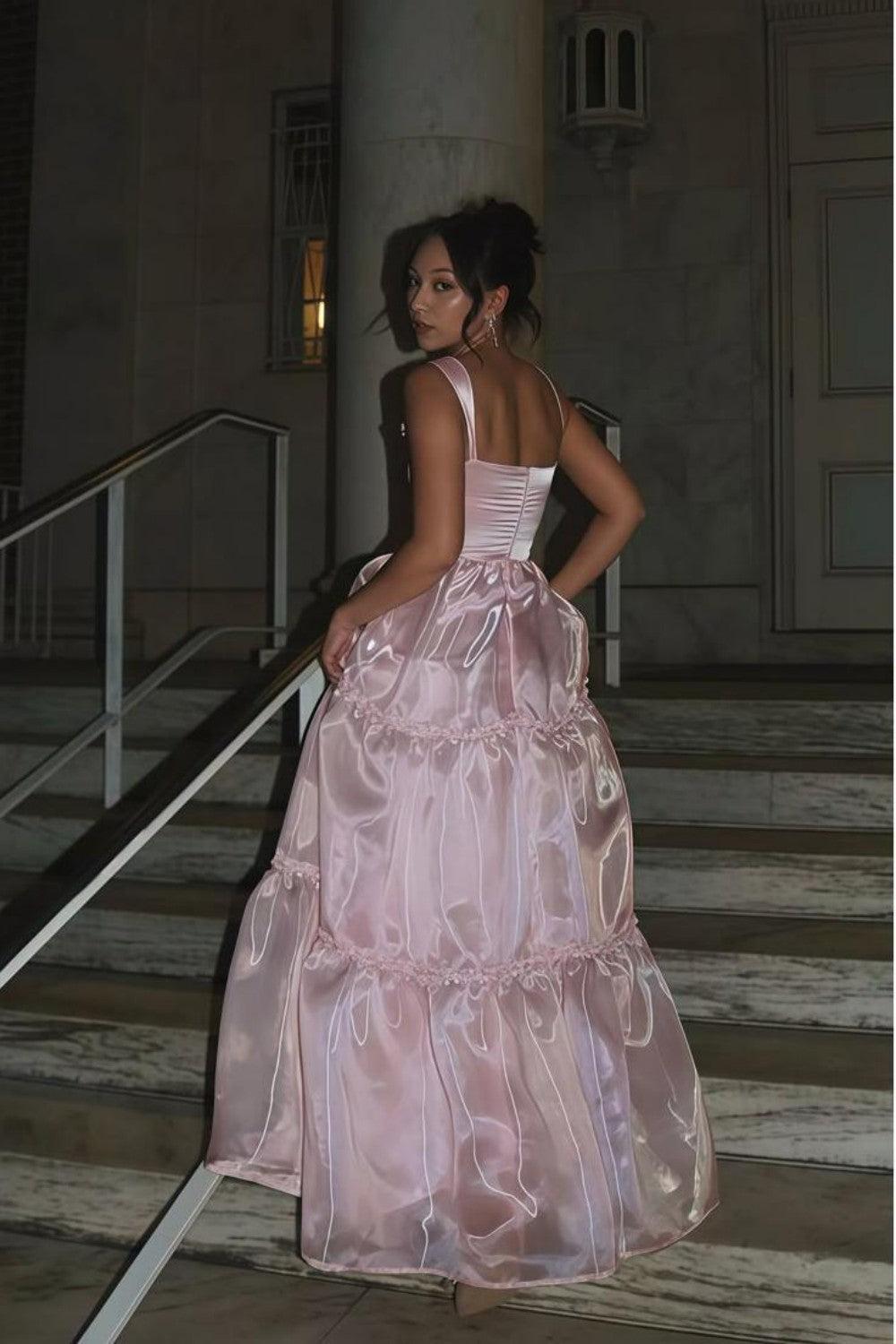 Suzhoufashion Princess A Line Spaghetti Straps Pink Long Prom Dress With Lace Ruffles Formal Evening Gown