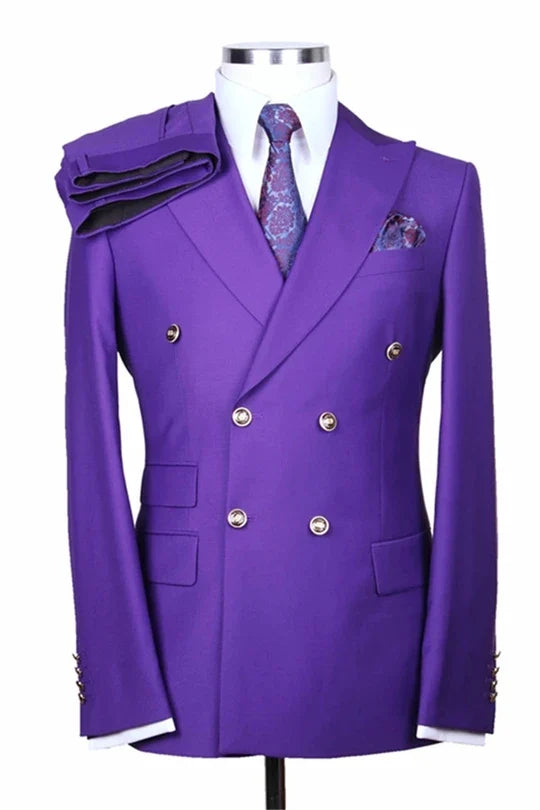 Suzhoufashion Purple Double Breasted Peaked Lapel Two Pieces Wedding Men Suits