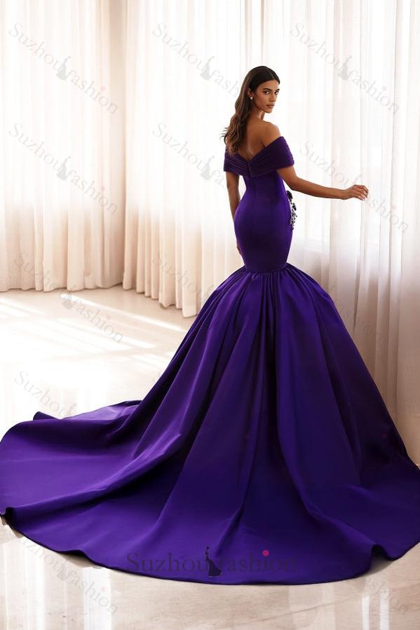 Suzhoufashion Purple Off The Shoulder Formal Dress Satin Mermaid Prom Dress with Rhinestones