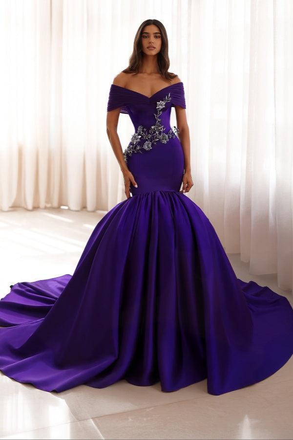 Suzhoufashion Purple Off The Shoulder Formal Dress Satin Mermaid Prom Dress with Rhinestones