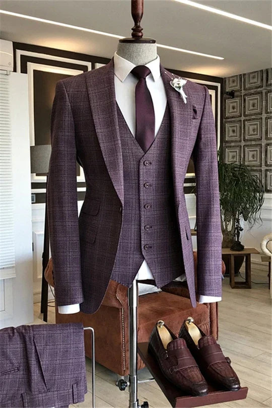 Suzhoufashion Purple Plaid Three Pieces One Button Slim Fit Men Suits