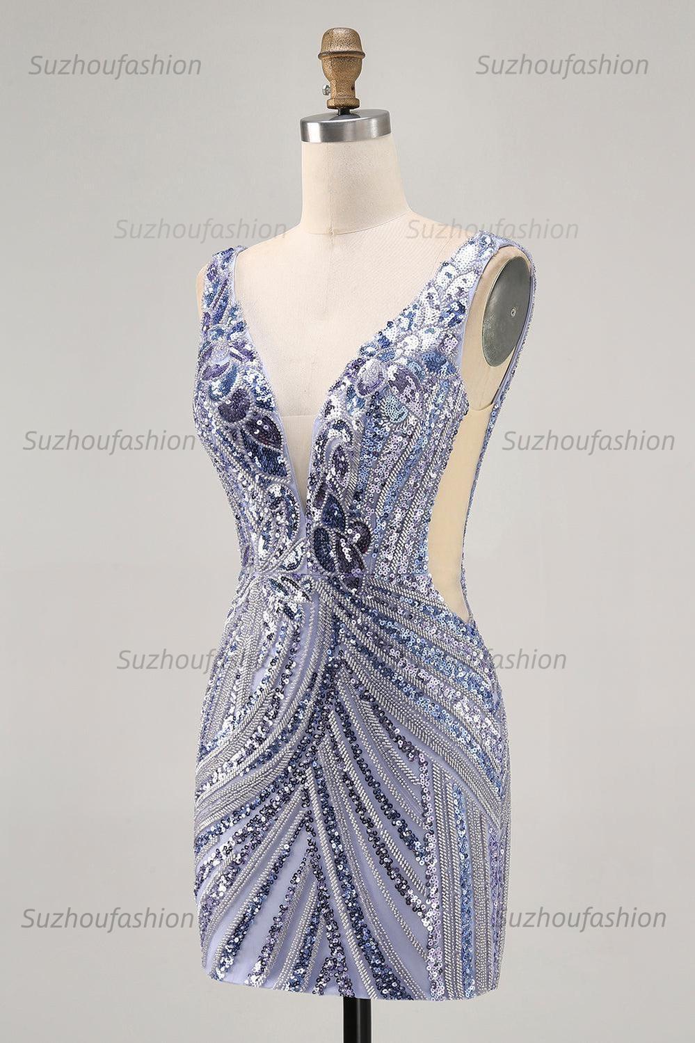 Suzhoufashion Purple Sequin V-Neck Corset Short Homecoming Dress
