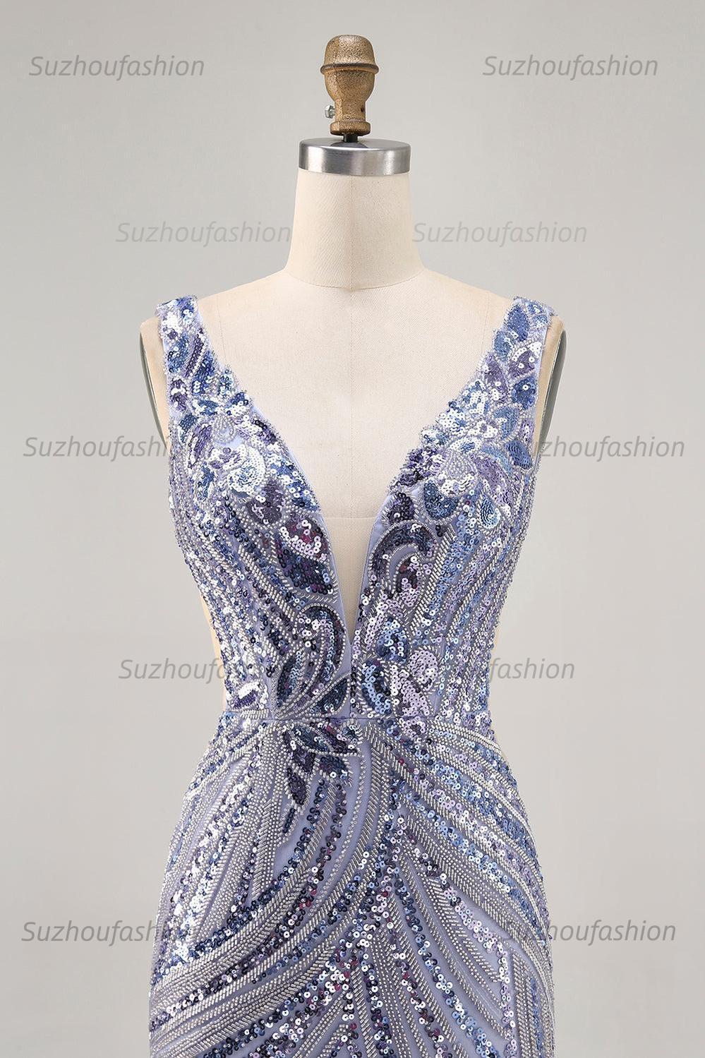 Suzhoufashion Purple Sequin V-Neck Corset Short Homecoming Dress