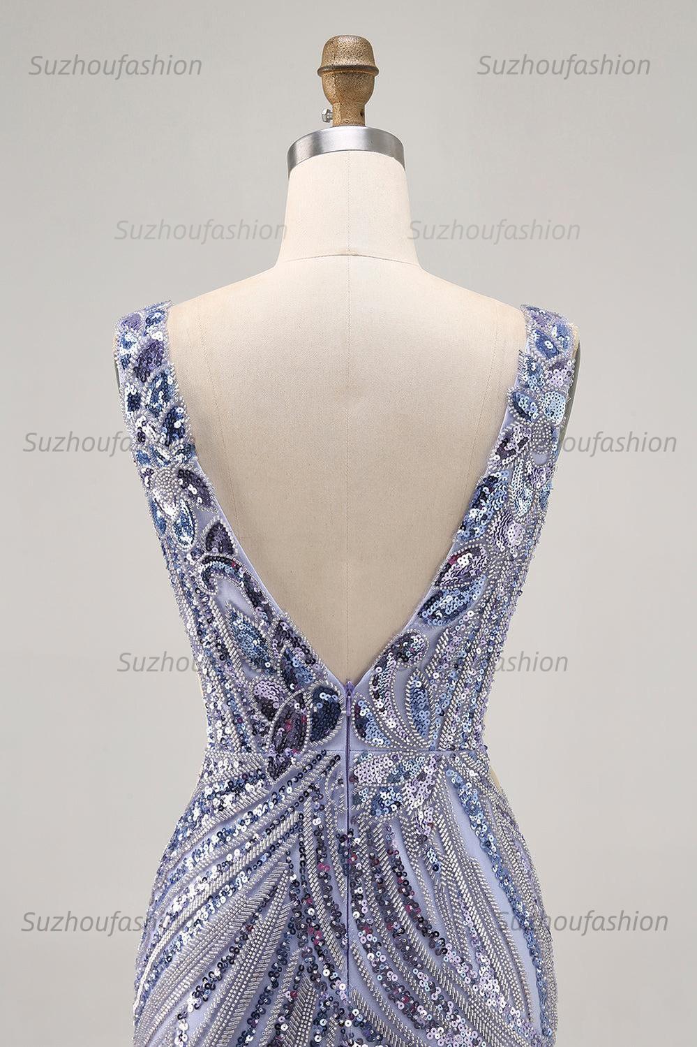 Suzhoufashion Purple Sequin V-Neck Corset Short Homecoming Dress
