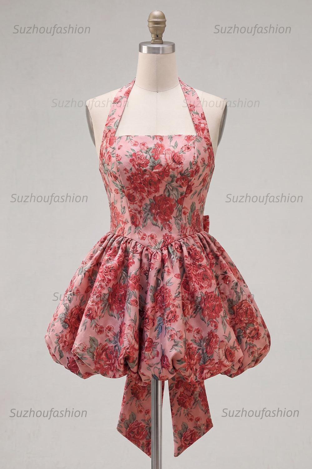Suzhoufashion Red Floral Jacquard Halter A-Line Short Homecoming Dress with Bow