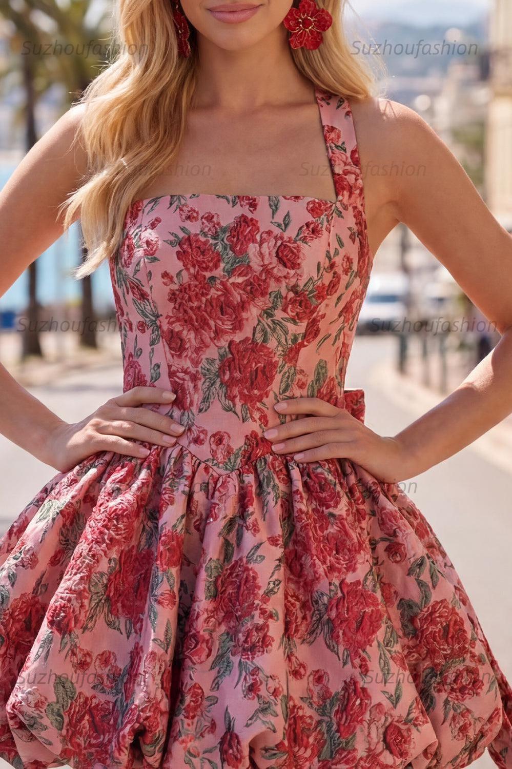 Suzhoufashion Red Floral Jacquard Halter A-Line Short Homecoming Dress with Bow