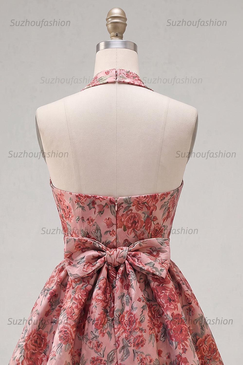 Suzhoufashion Red Floral Jacquard Halter A-Line Short Homecoming Dress with Bow