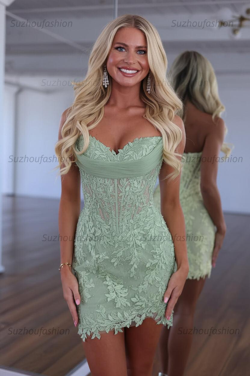 Suzhoufashion Red Lace Applique Strapless Corset Bodycon Homecoming Dress