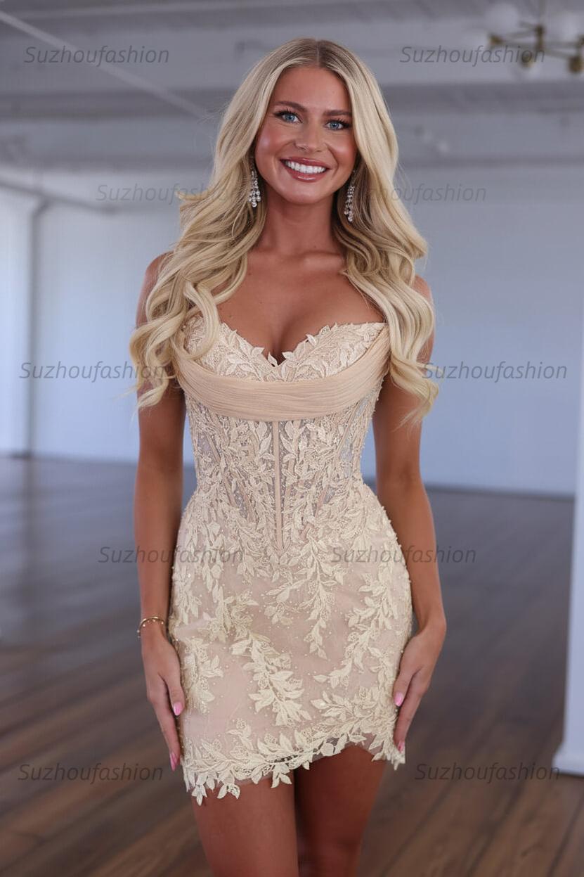 Suzhoufashion Red Lace Applique Strapless Corset Bodycon Homecoming Dress