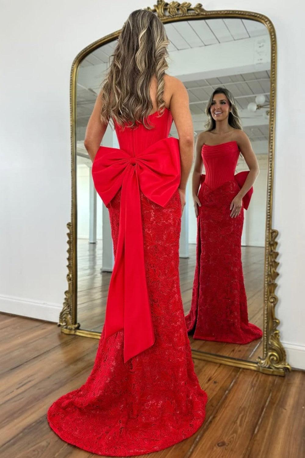 Suzhoufashion Red Lace Formal Gown With Structured Corset Bodice And Statement Bow Formal Evening Gown