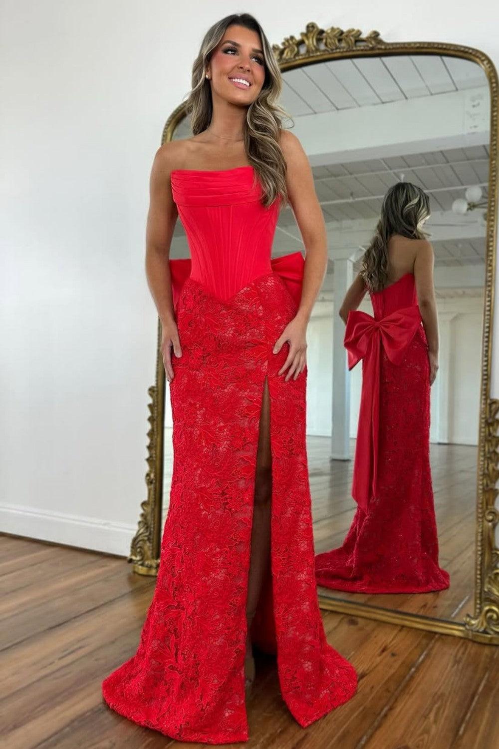 Suzhoufashion Red Lace Formal Gown With Structured Corset Bodice And Statement Bow Formal Evening Gown