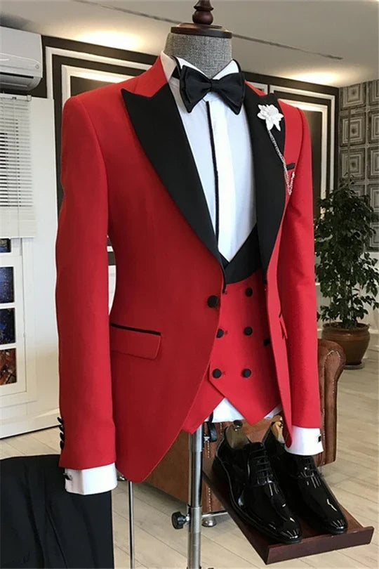 Suzhoufashion Red Peaked Lapel Three Pieces Men Suits For Prom