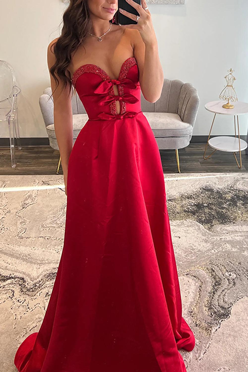 Suzhoufashion Red Satin Prom Dress Sweetheart A Line Long Formal Dress With Bows