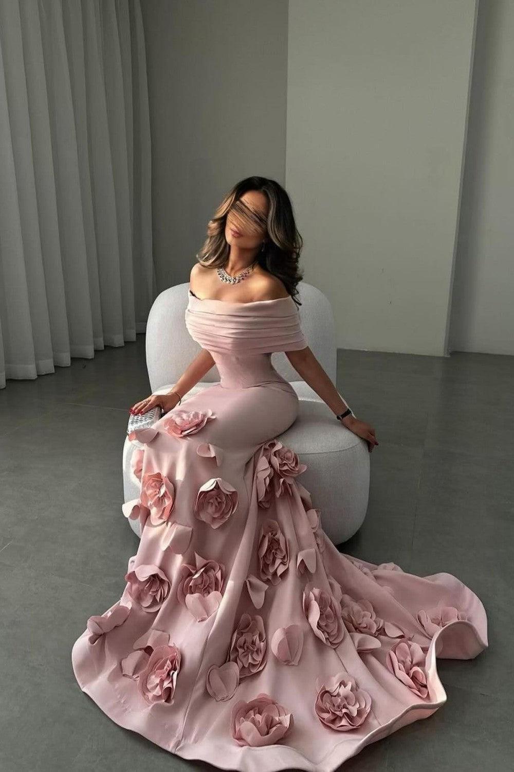 Suzhoufashion Romantic Off-Shoulder Pink Mermaid Prom Dress With Floral Train Formal Evening Gown