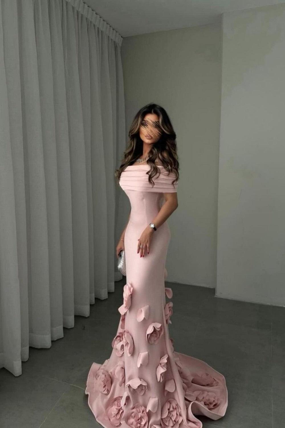 Suzhoufashion Romantic Off-Shoulder Pink Mermaid Prom Dress With Floral Train Formal Evening Gown