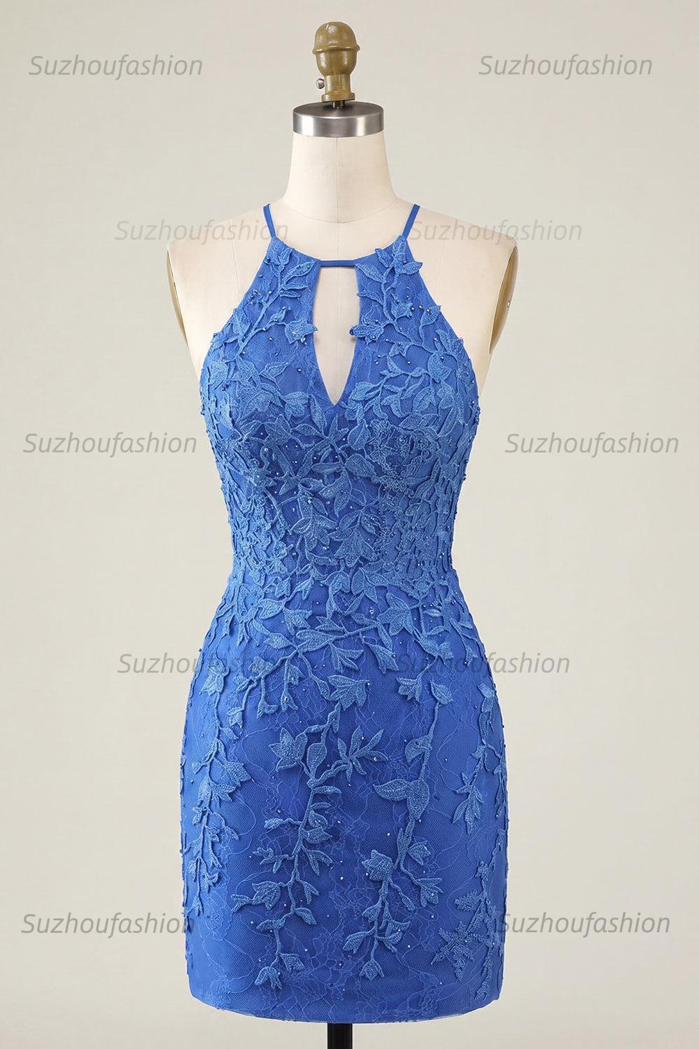 Suzhoufashion Royal Blue Lace Appliqué Beaded Halter Tight Short Homecoming Dress