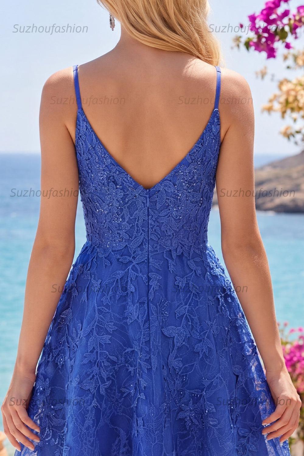 Suzhoufashion Royal Blue Lace Appliqué Beaded V-Neck A-Line Short Homecoming Dress