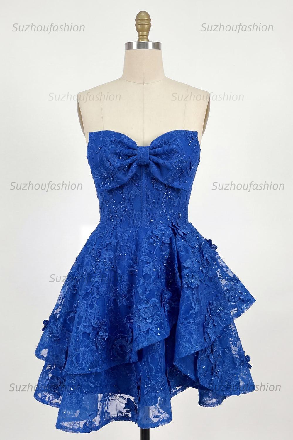 Suzhoufashion Royal Blue Lace Floral Beaded Ruffled A-Line Corset Short Homecoming Dress with Bow