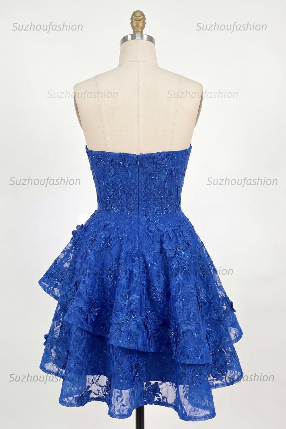 Suzhoufashion Royal Blue Lace Floral Beaded Ruffled A-Line Corset Short Homecoming Dress with Bow