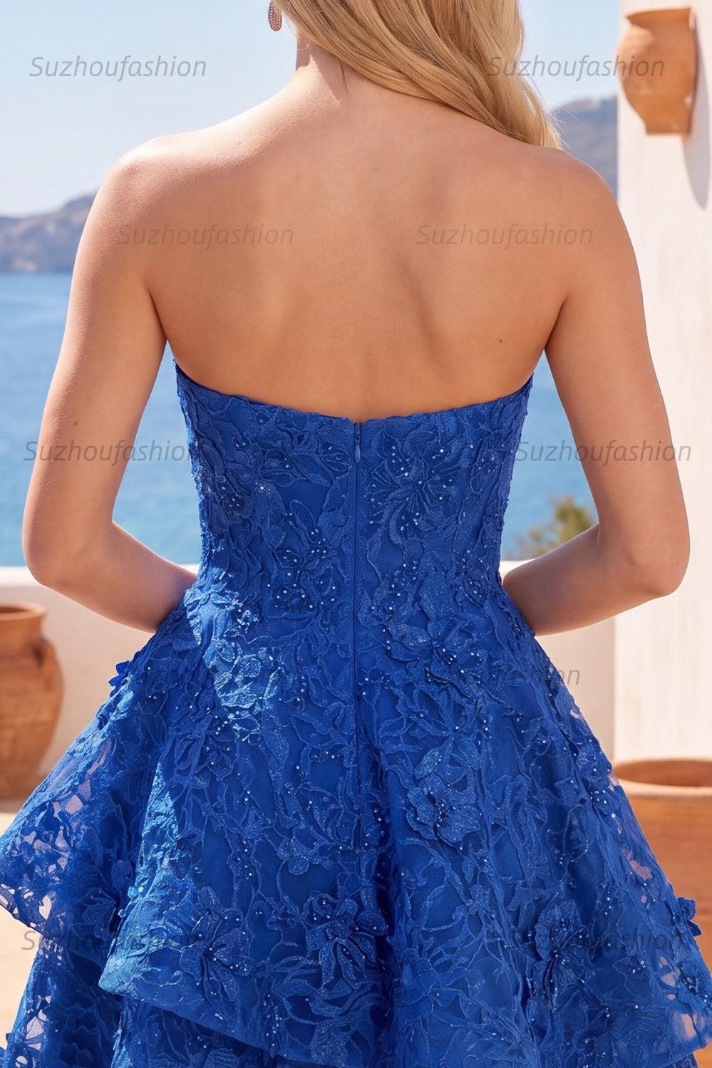 Suzhoufashion Royal Blue Lace Floral Beaded Ruffled A-Line Corset Short Homecoming Dress with Bow