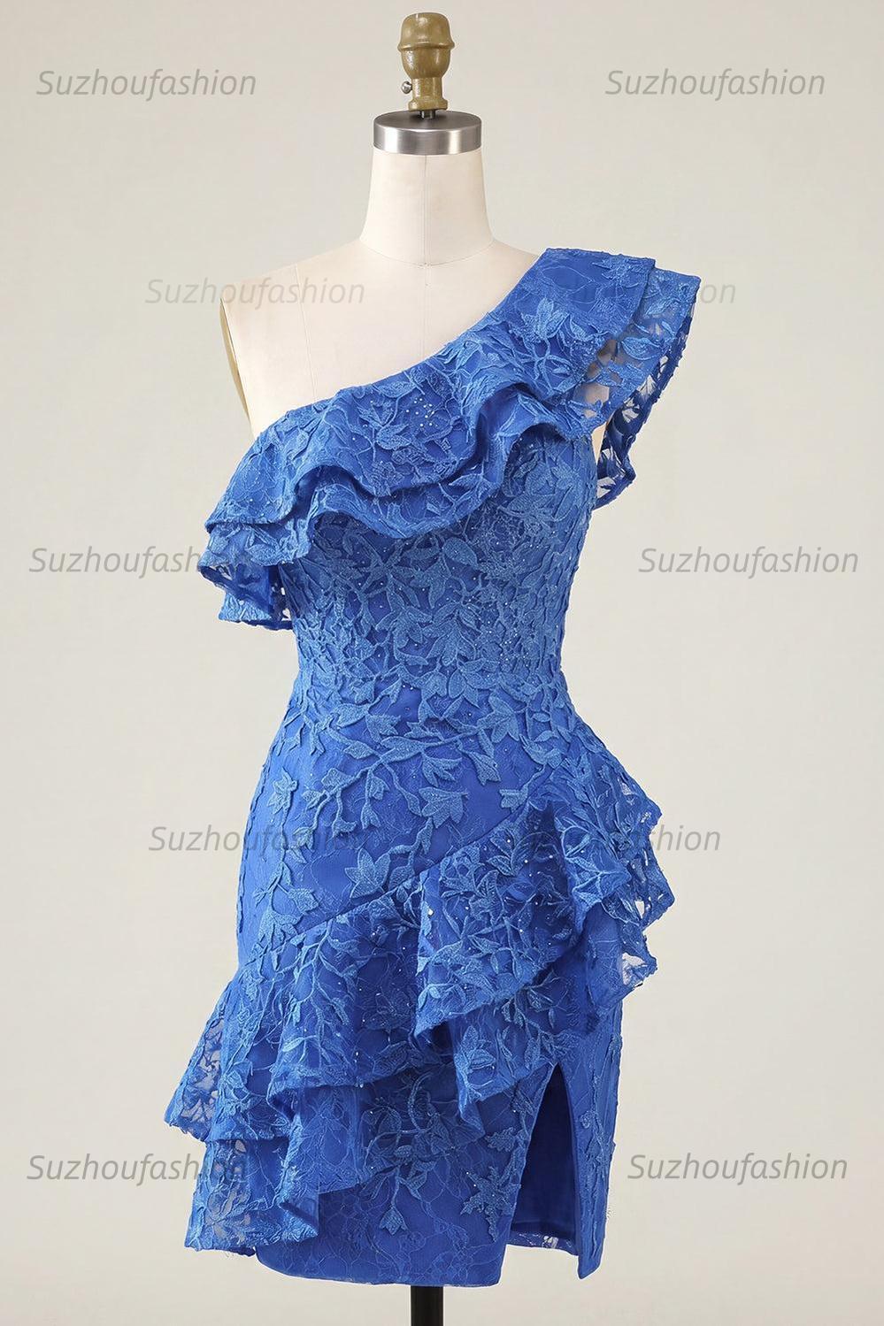 Suzhoufashion Royal Blue One-Shoulder Lace Beaded Ruffled Tight Short Homecoming Dress