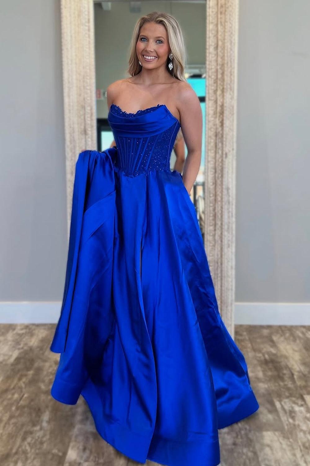Suzhoufashion Royal Blue Satin Gown With Strapless Glitter Bodice A-Line Silhouette Prom Dress Formal Evening Gown