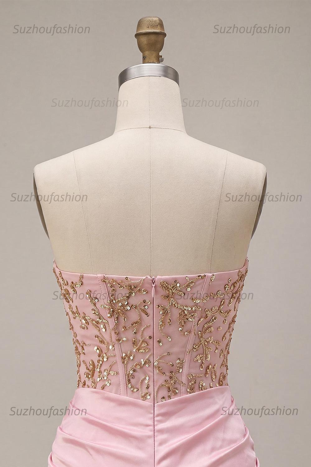 Suzhoufashion Ruched Pink Short Corset Homecoming Dress with Rhinestones