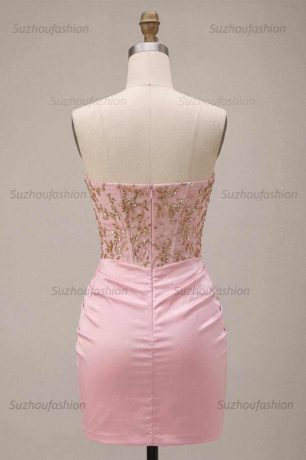 Suzhoufashion Ruched Pink Short Corset Homecoming Dress with Rhinestones