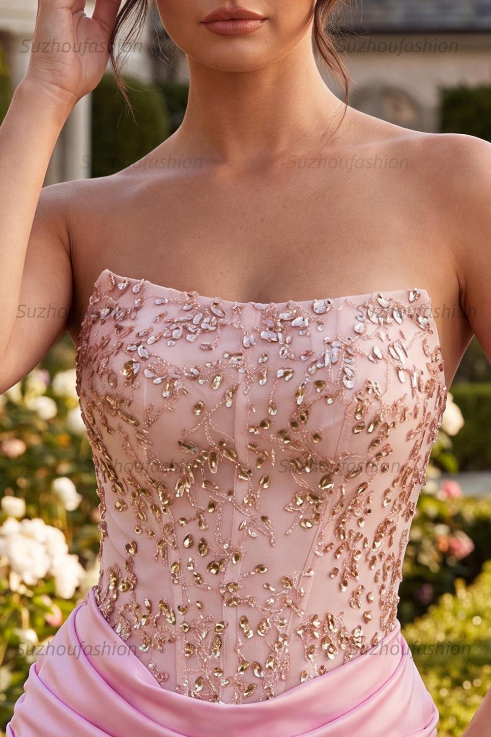 Suzhoufashion Ruched Pink Short Corset Homecoming Dress with Rhinestones
