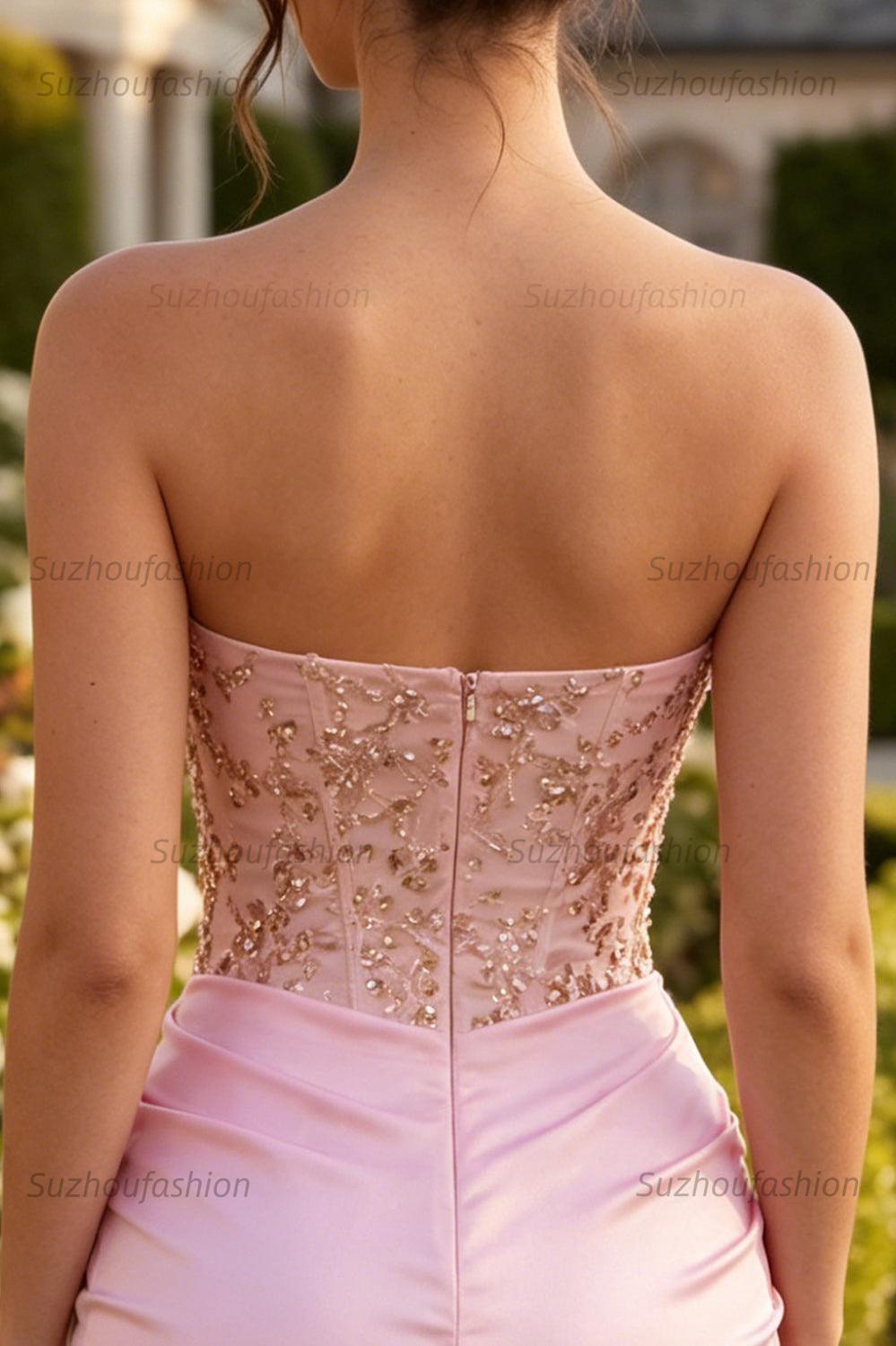 Suzhoufashion Ruched Pink Short Corset Homecoming Dress with Rhinestones