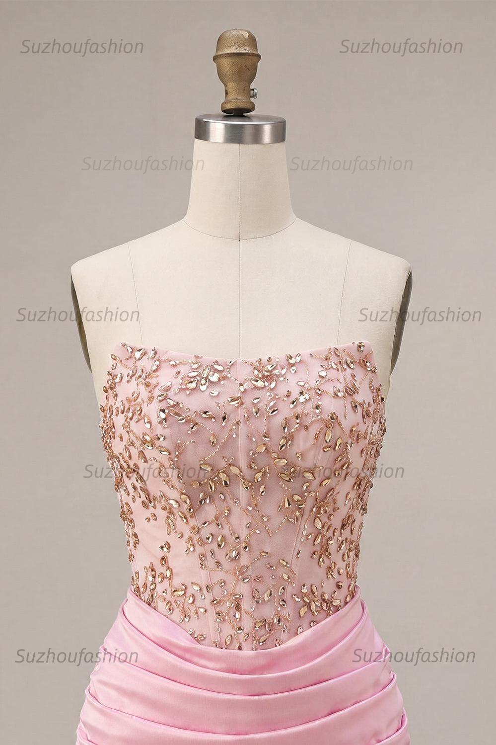 Suzhoufashion Ruched Pink Short Corset Homecoming Dress with Rhinestones