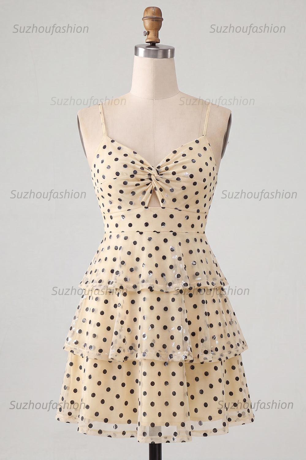 Suzhoufashion Ruffled A Line Keyhole Champagne Black Dot Short Homecoming Dress