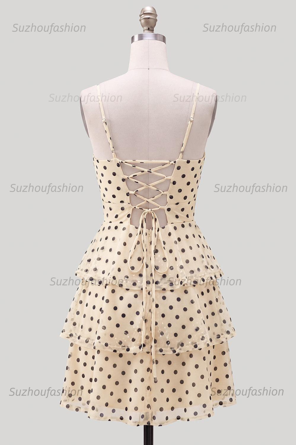 Suzhoufashion Ruffled A Line Keyhole Champagne Black Dot Short Homecoming Dress