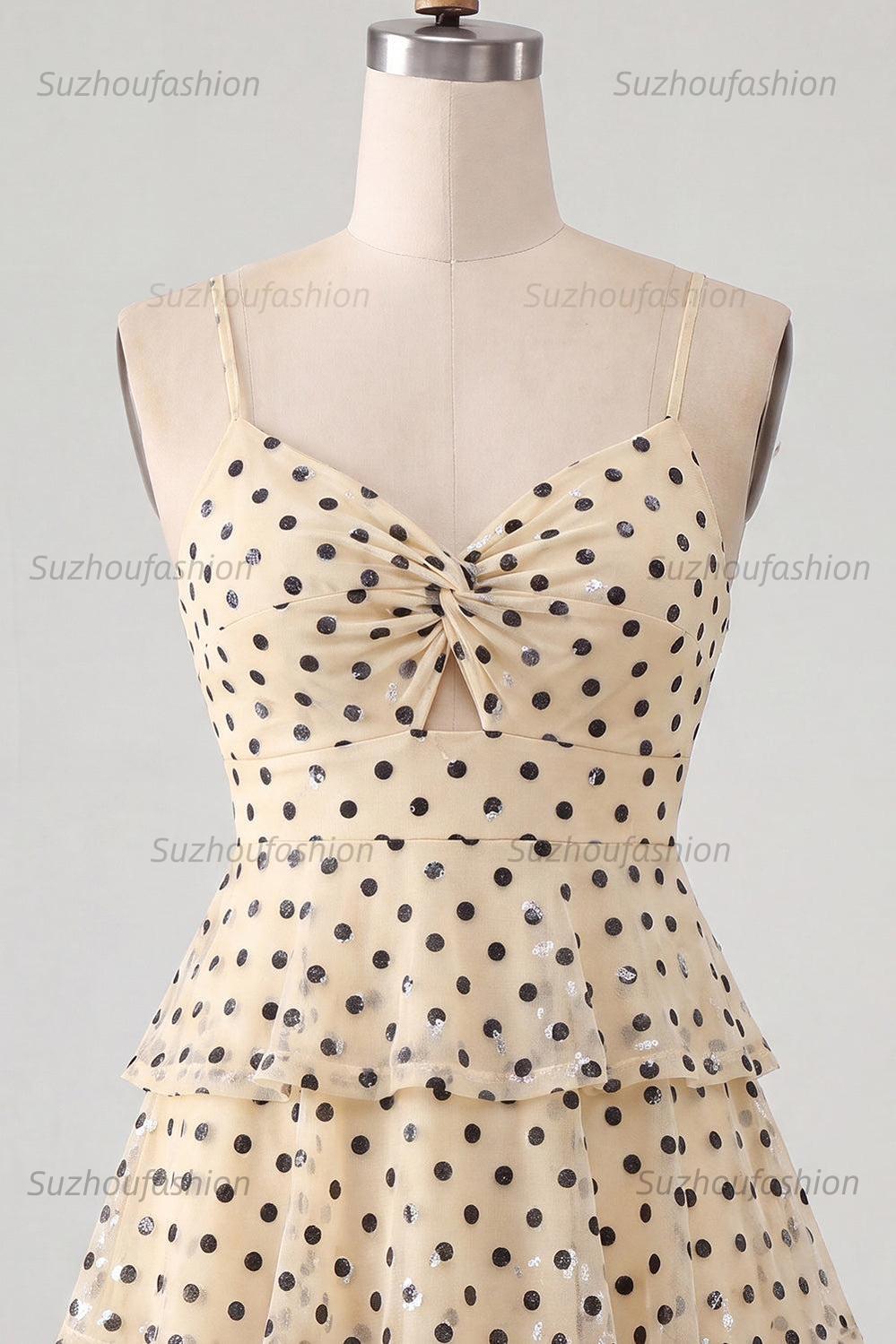 Suzhoufashion Ruffled A Line Keyhole Champagne Black Dot Short Homecoming Dress