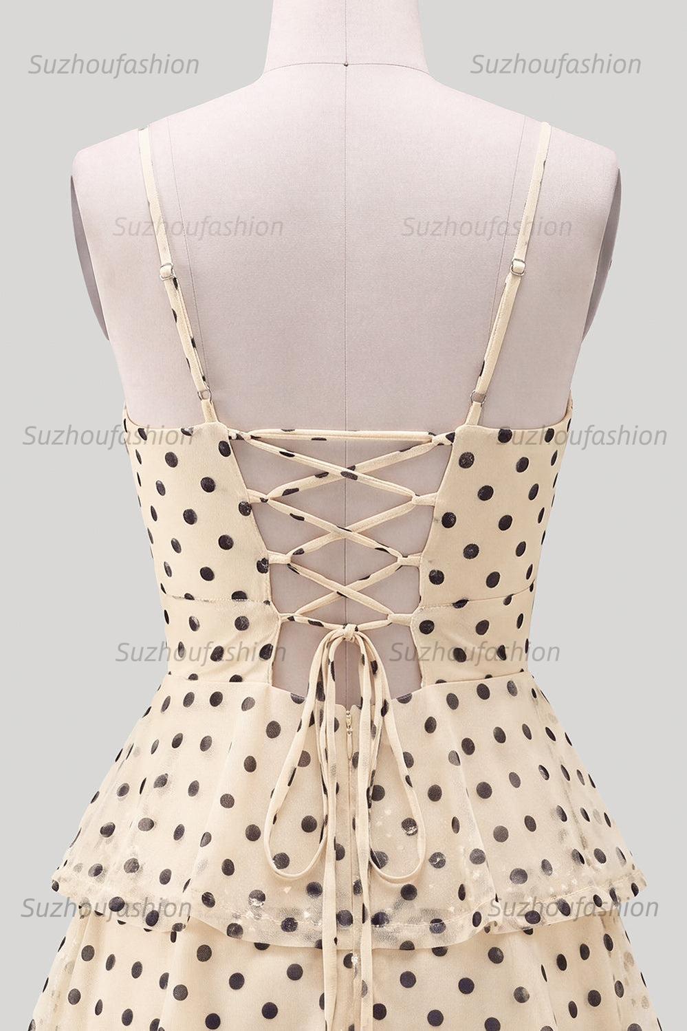 Suzhoufashion Ruffled A Line Keyhole Champagne Black Dot Short Homecoming Dress