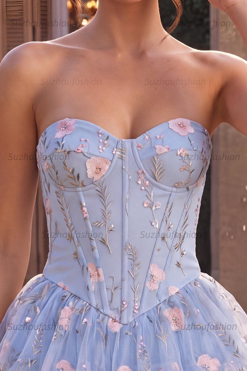 Suzhoufashion Ruffled Beaded Light Blue Corset Floral Tiered Short Homecoming Dress
