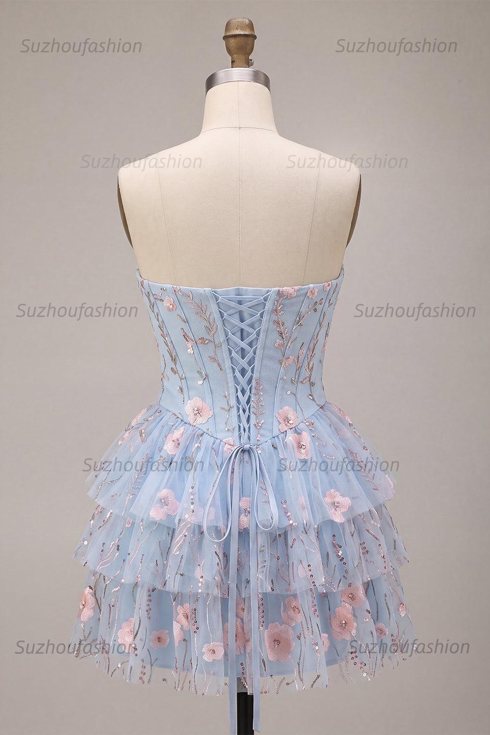 Suzhoufashion Ruffled Beaded Light Blue Corset Floral Tiered Short Homecoming Dress