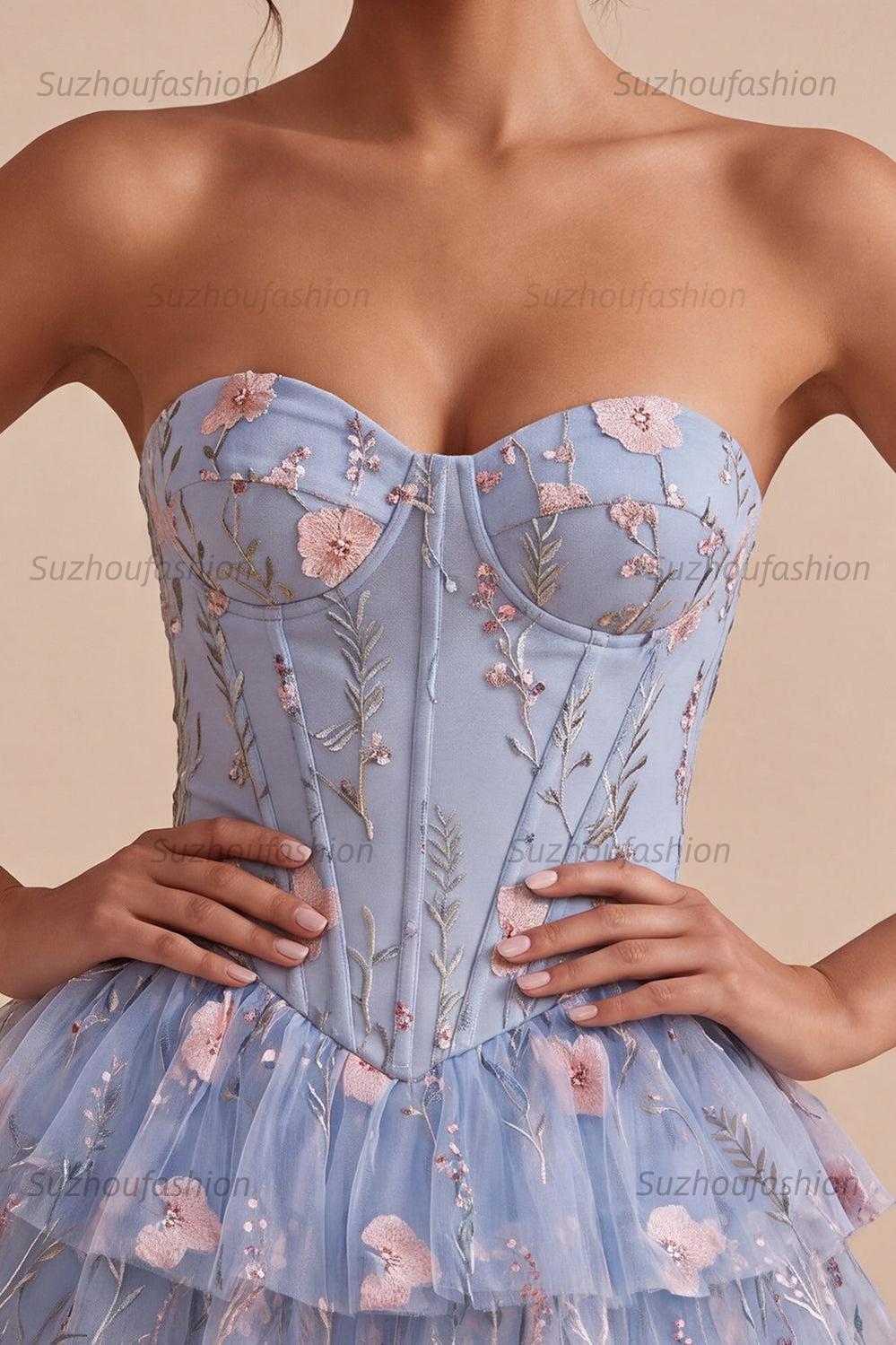 Suzhoufashion Ruffled Beaded Light Blue Corset Floral Tiered Short Homecoming Dress