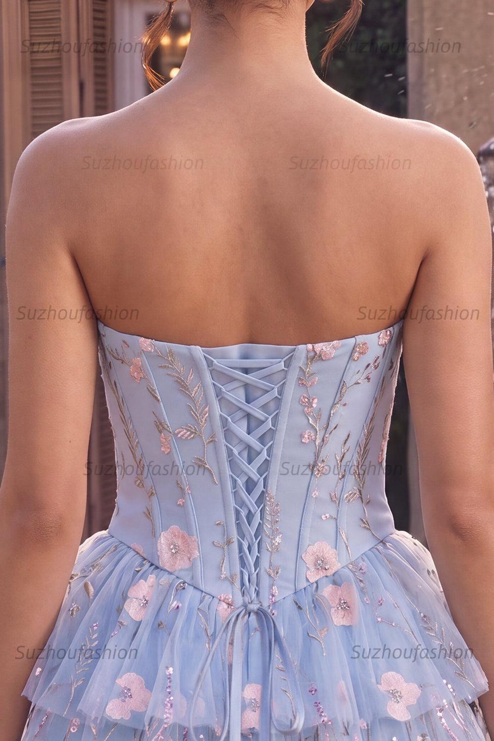 Suzhoufashion Ruffled Beaded Light Blue Corset Floral Tiered Short Homecoming Dress
