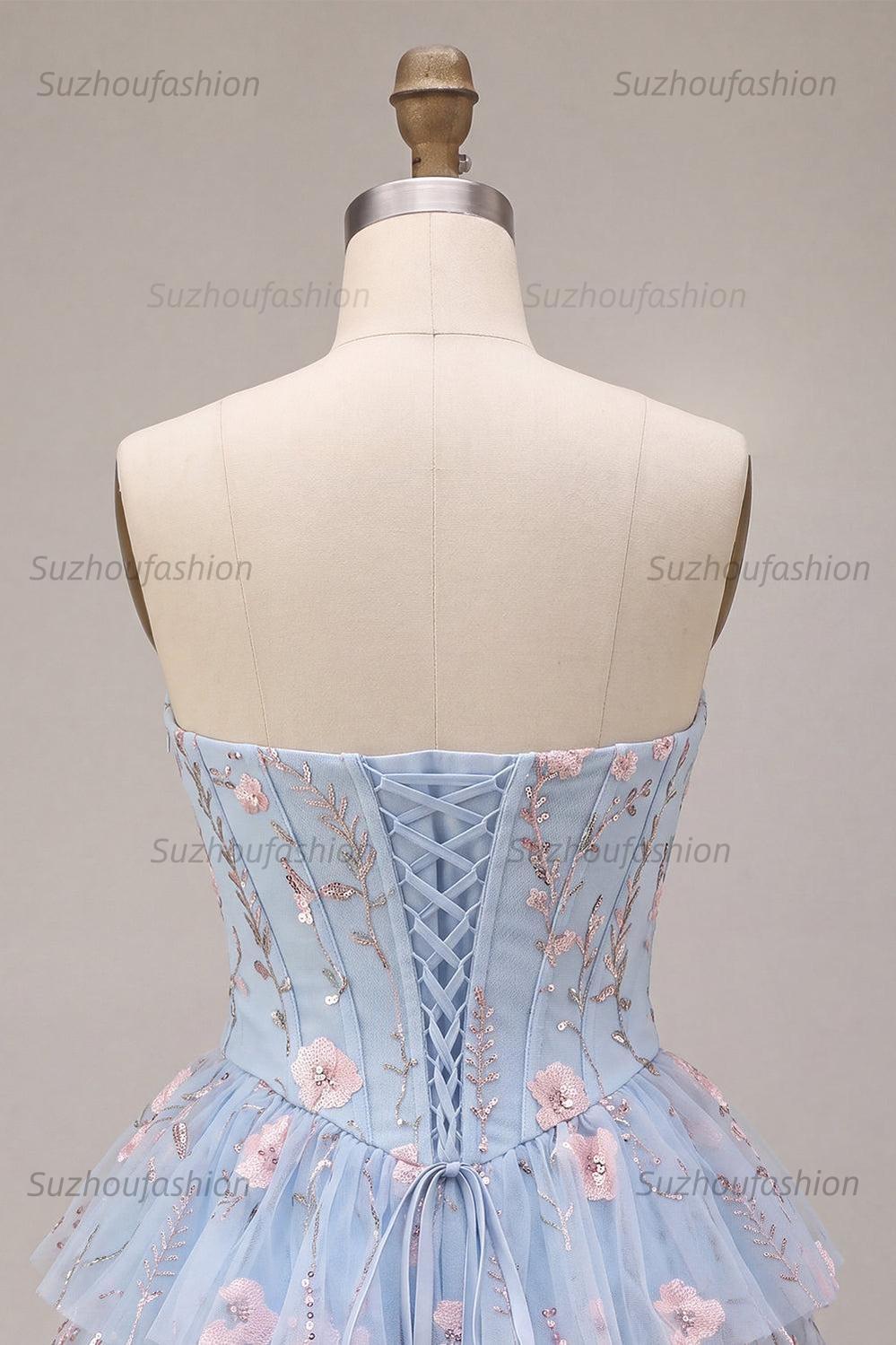 Suzhoufashion Ruffled Beaded Light Blue Corset Floral Tiered Short Homecoming Dress