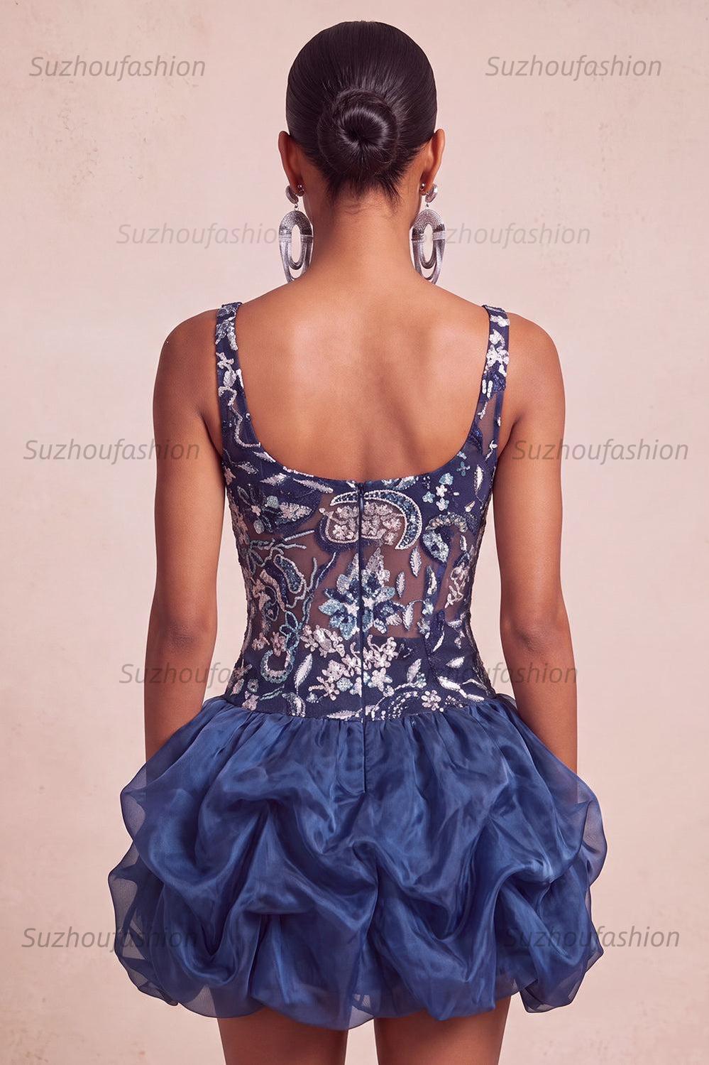 Suzhoufashion Ruffled Beaded Navy Bubble A Line Floral Mini Homecoming Dress