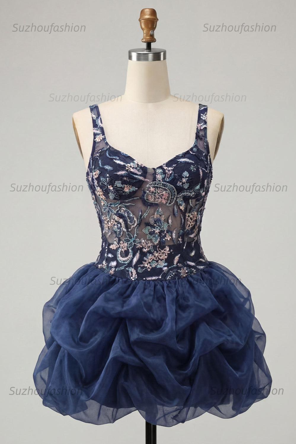 Suzhoufashion Ruffled Beaded Navy Bubble A Line Floral Mini Homecoming Dress