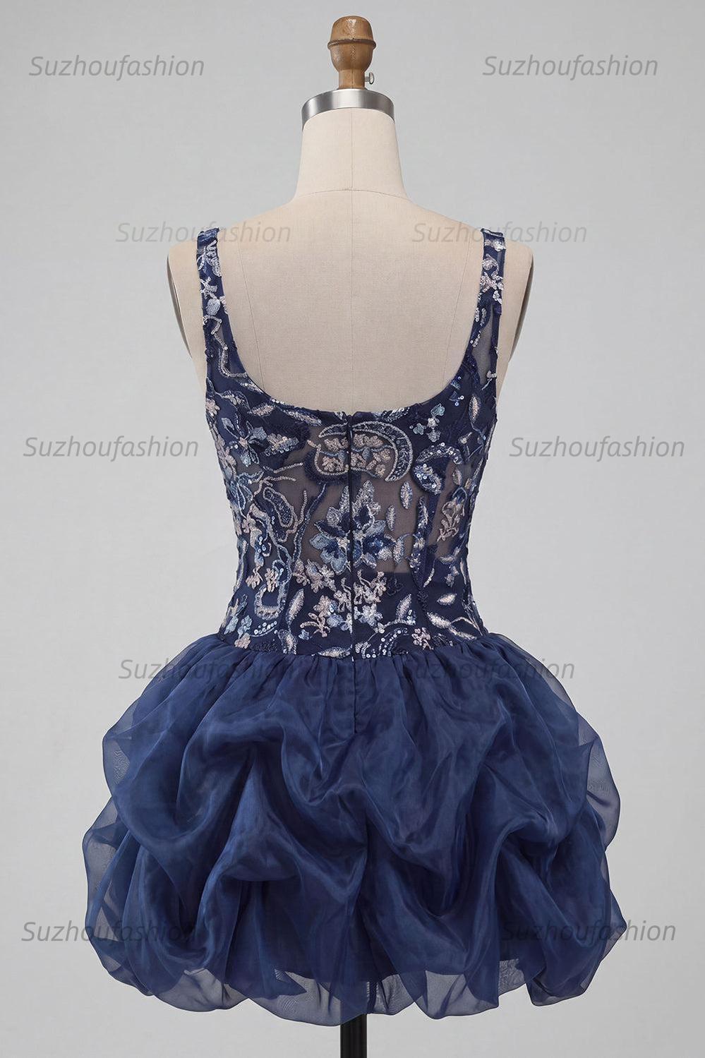 Suzhoufashion Ruffled Beaded Navy Bubble A Line Floral Mini Homecoming Dress