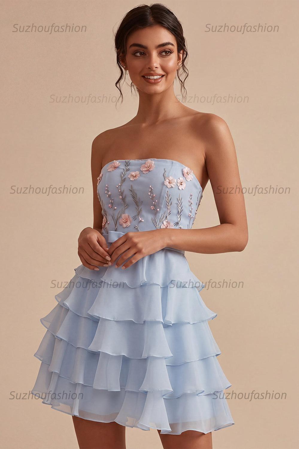 Suzhoufashion Ruffled Sky Blue Floral Tiered A Line Short Homecoming Dress with Bow
