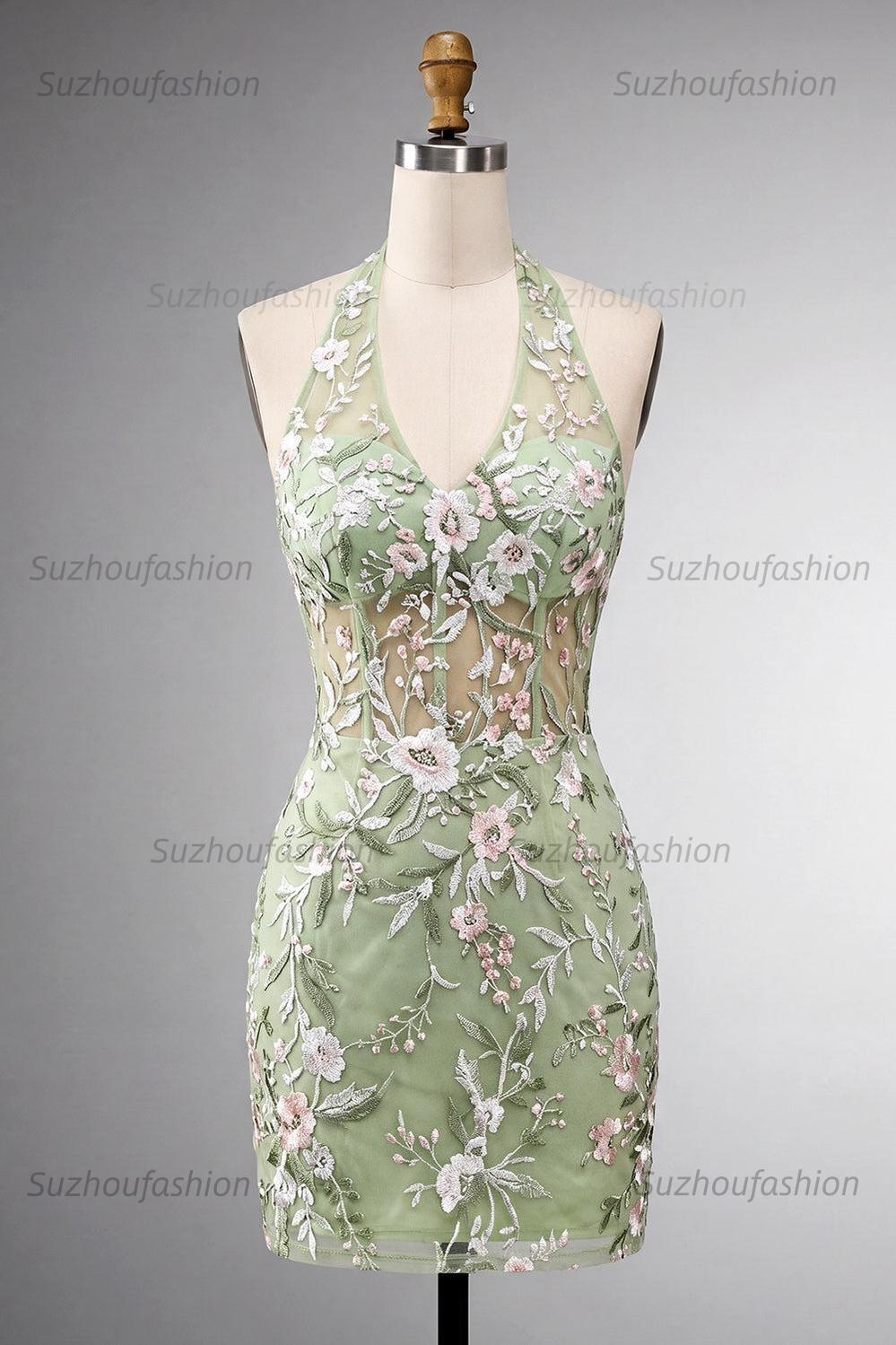 Suzhoufashion Sage Green Floral Halter Corset Tight Short Homecoming Dress
