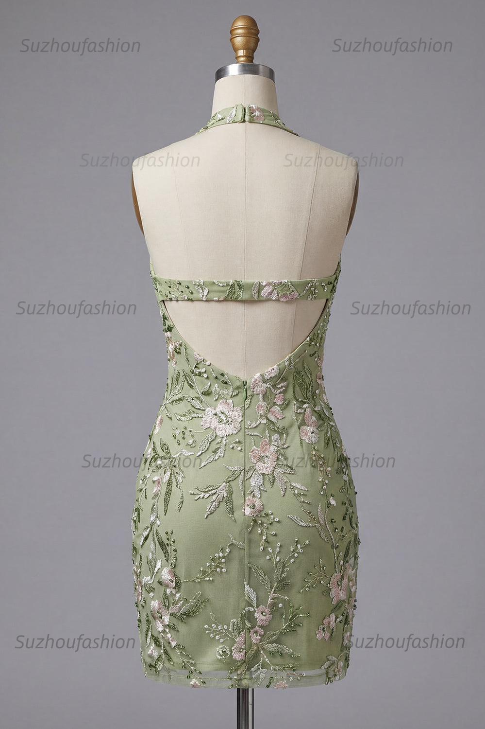 Suzhoufashion Sage Green Floral Halter Corset Tight Short Homecoming Dress