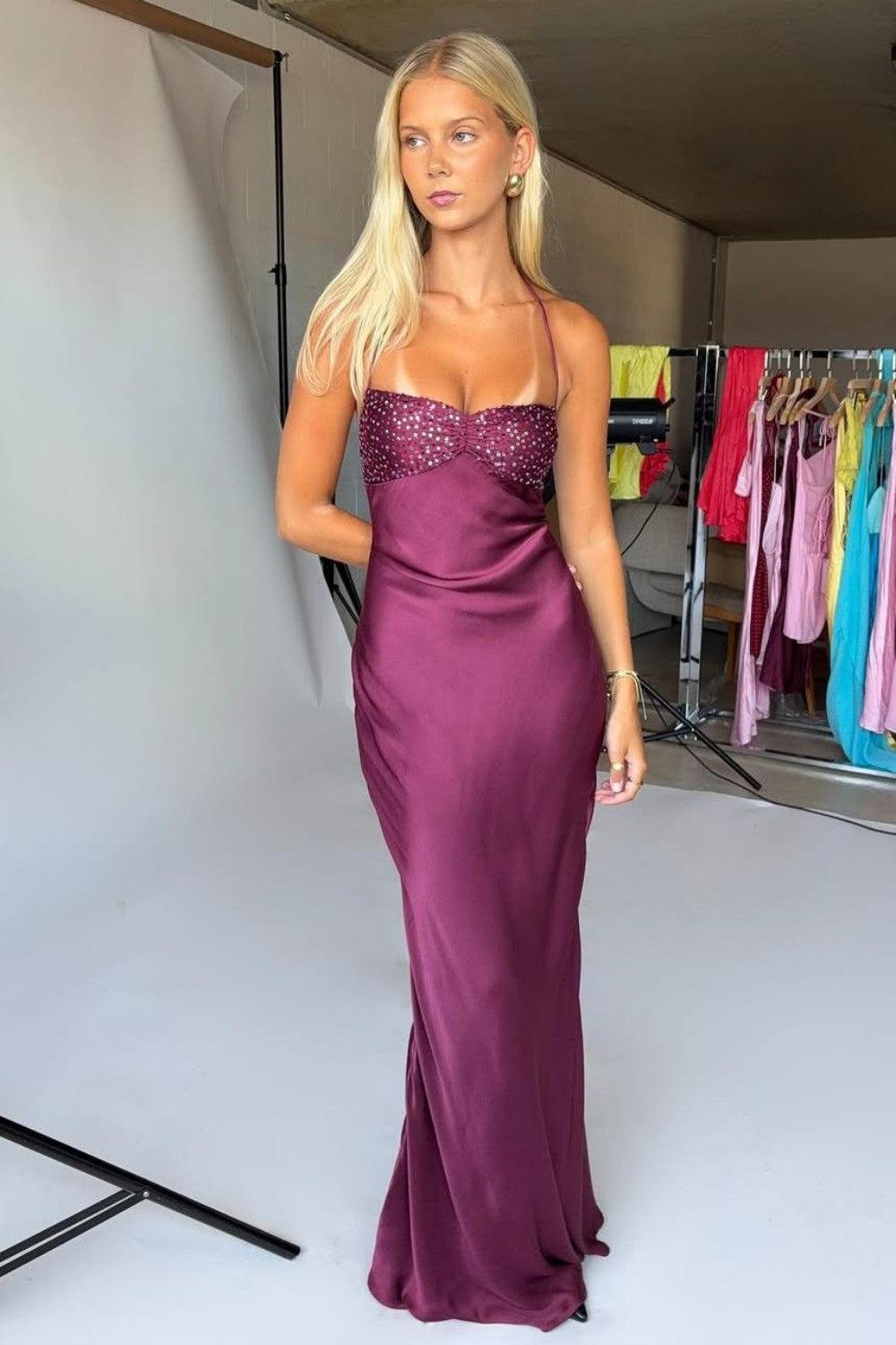 Suzhoufashion Satin Halter Neck Lace Up Long Prom Party Dress With Sequin Formal Evening Gown