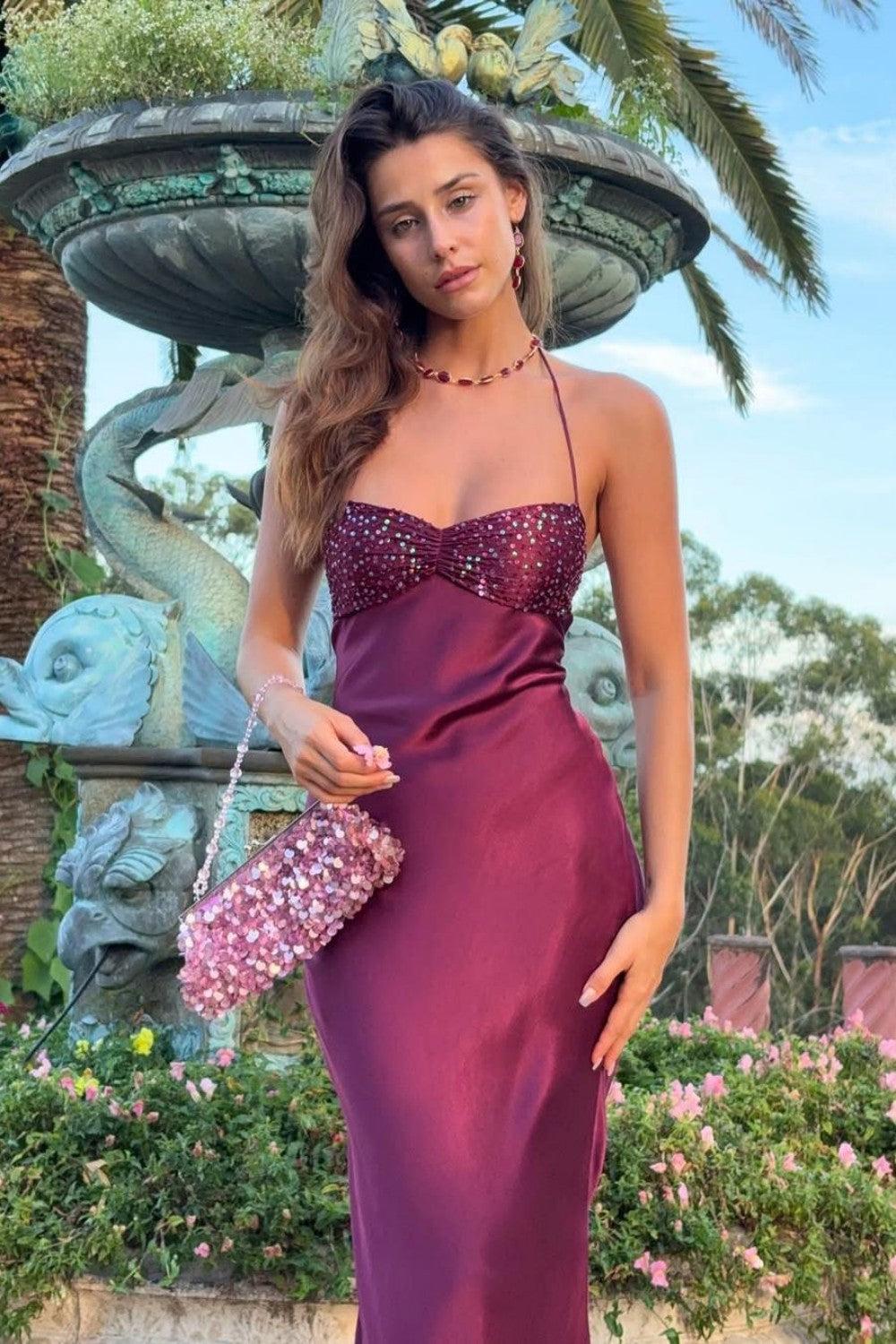 Suzhoufashion Satin Halter Neck Lace Up Long Prom Party Dress With Sequin Formal Evening Gown
